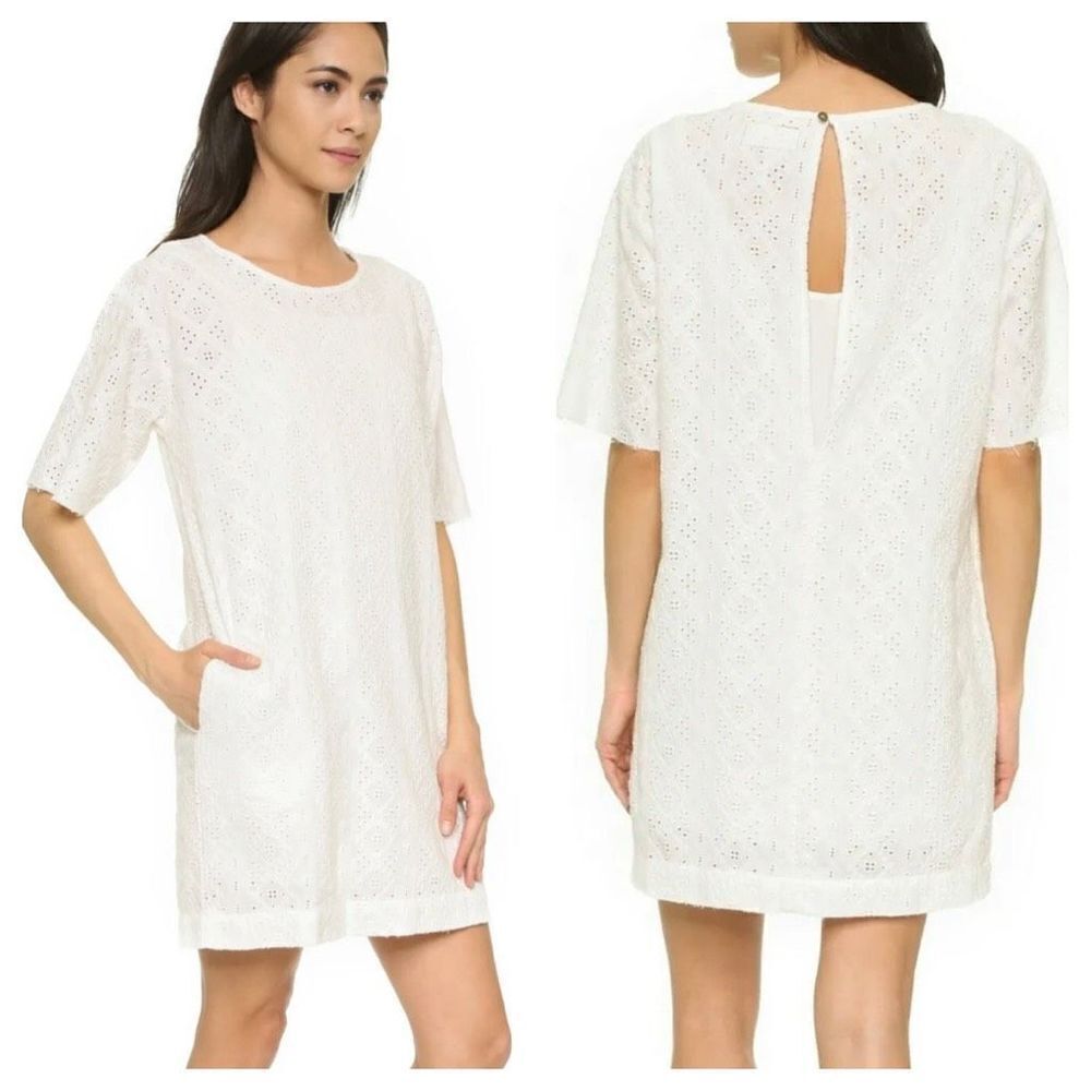 Current / Elliott The Eyelet Cotton T-shirt Dress Short Sleeve Pockets W…